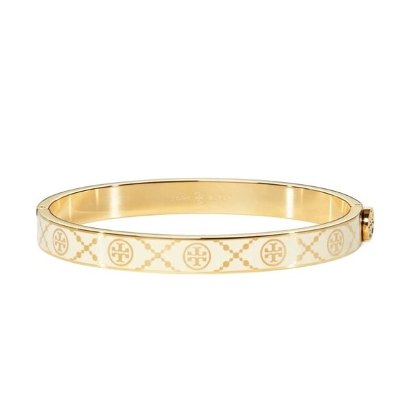 Tory Burch Double T Monogram Gold & Ivory Enamel Logo Bracelet - Picture 1 of 6